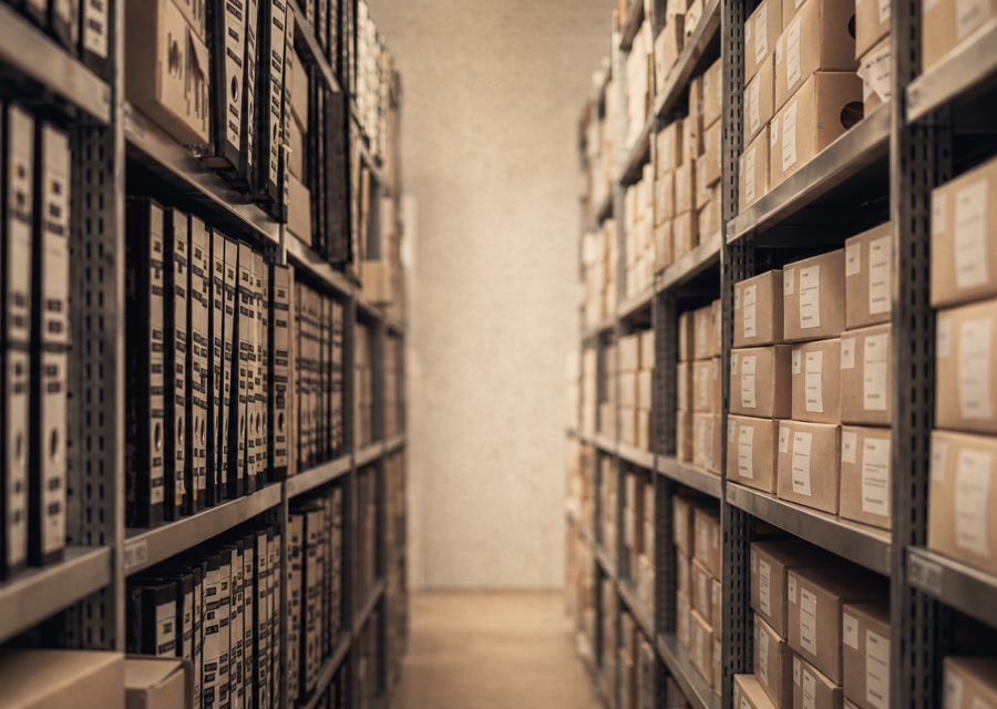 Geordnete Archivregale mit Aktenboxen als Symbol für Run-Off von Lebensversicherungsbeständen