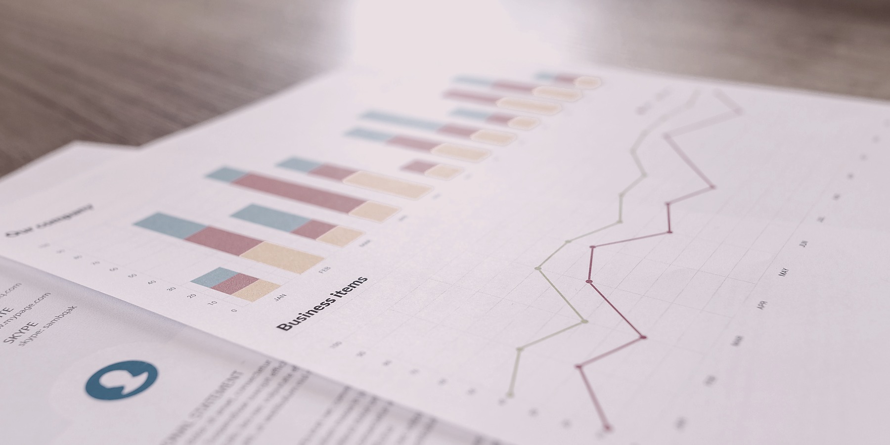 LTV und CAC — Balken- und Liniendiagramme auf Geschäftsdokument, Schreibtischperspektive